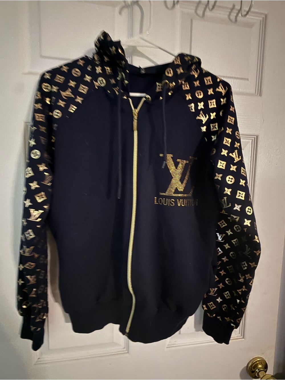 Blue & Gold Zip-Up Monogram Hoodie Jacket